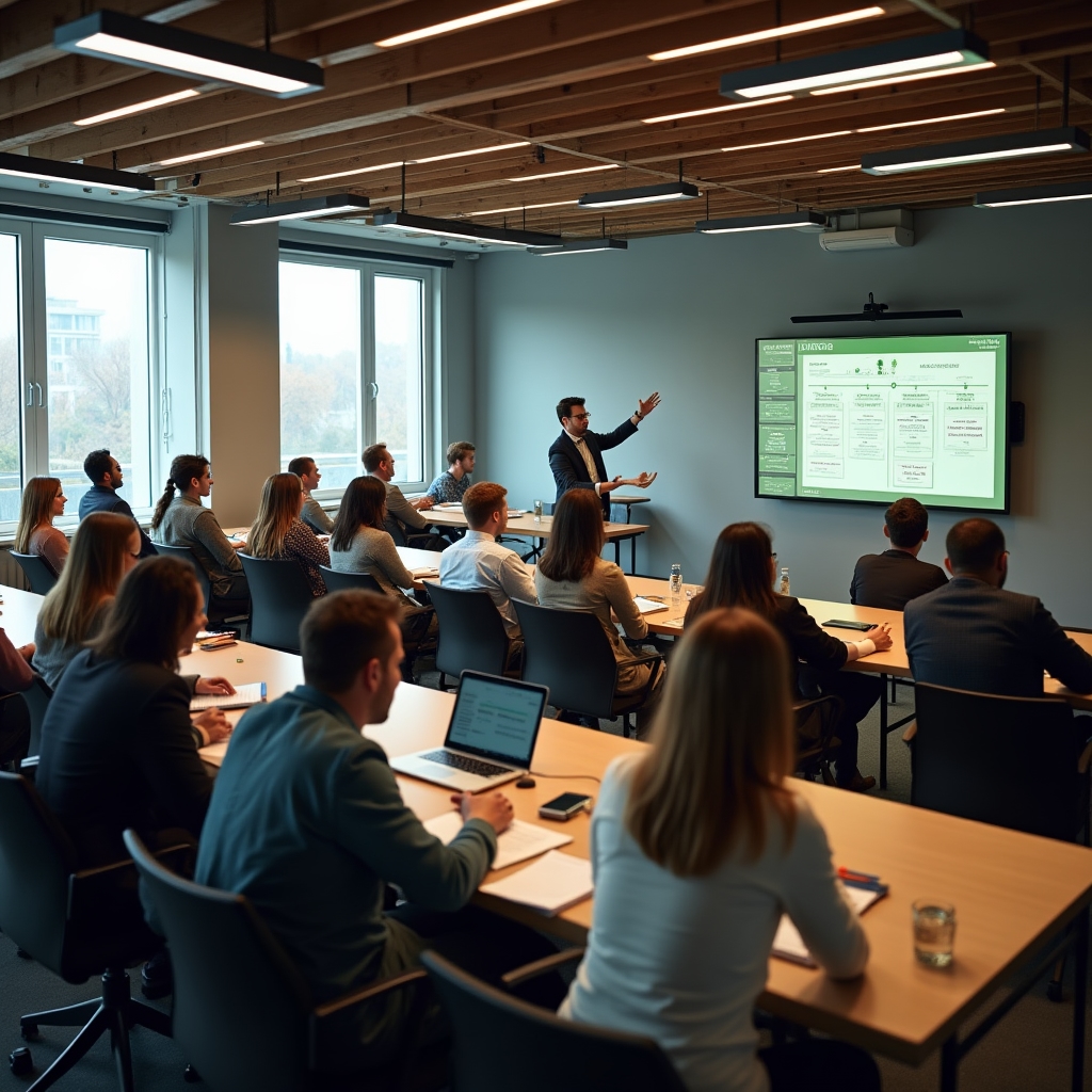 Aula de formación presencial con participantes atendiendo a una sesión sobre gestión franquiciada