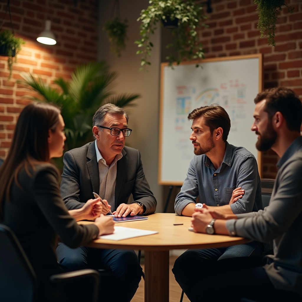 Equipo directivo debatiendo alrededor de una mesa sobre la evolución de un sistema de negocio